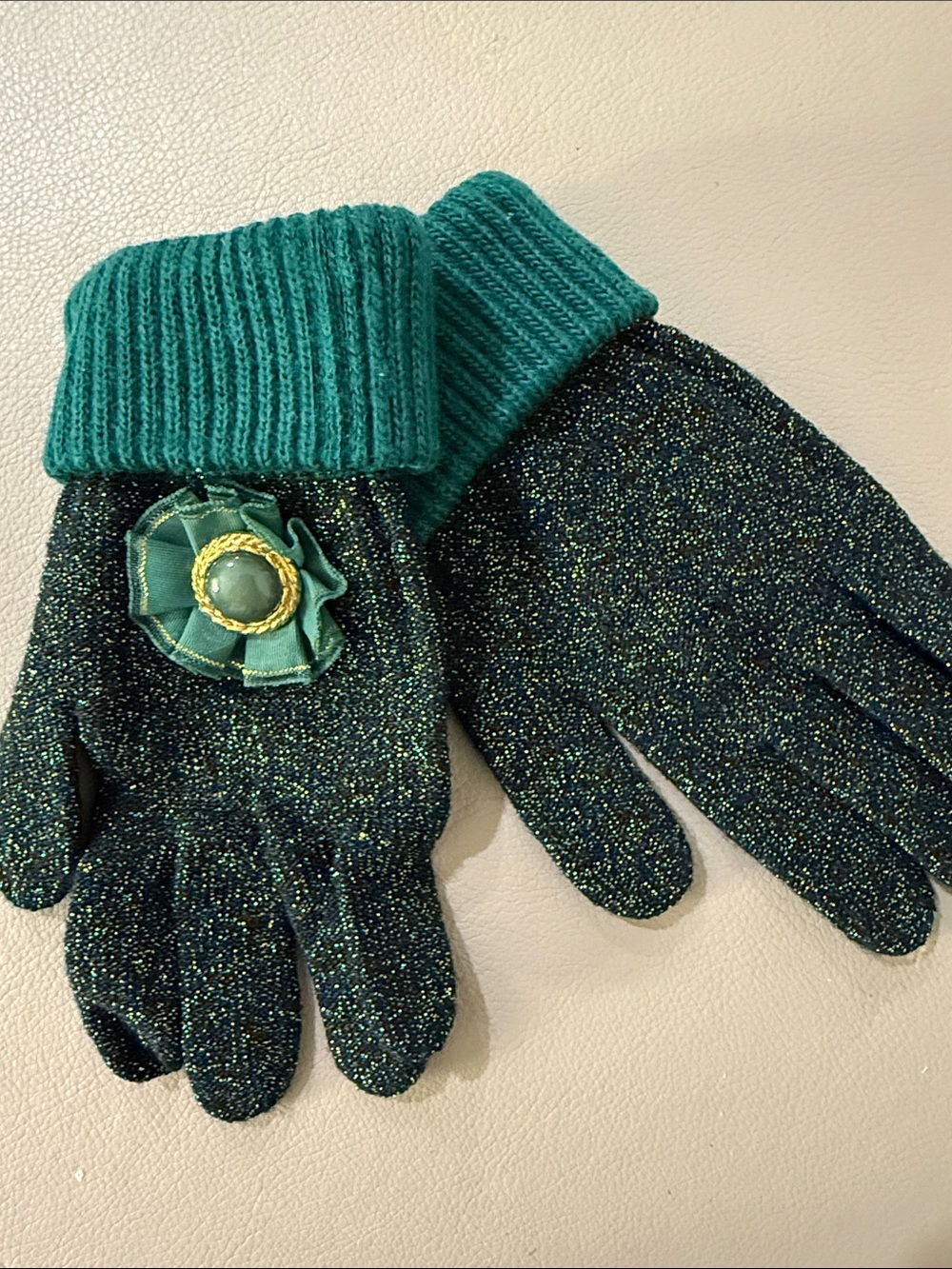 Teal Sparkle Knit Gloves with Flower Accent